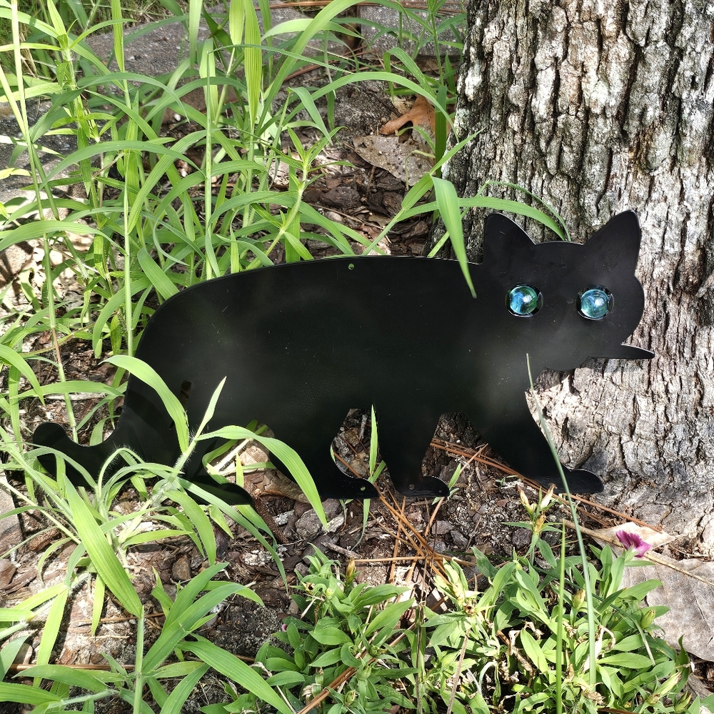 Vtg Black Cat Metal Marble‎ Eyes Pest Control Silhouette Halloween Garden Repel